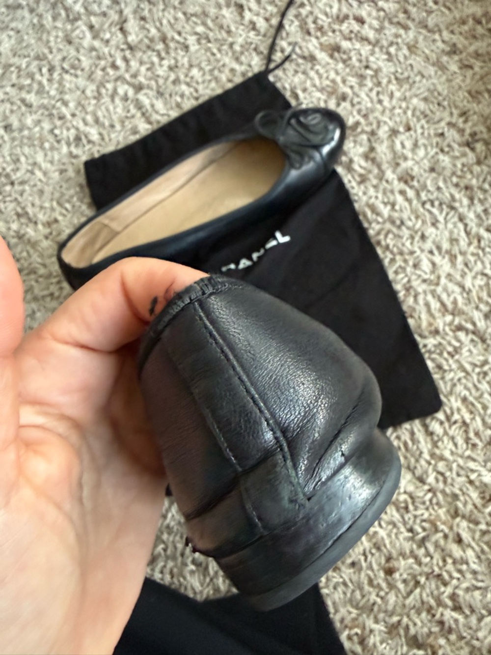 CHANEL Black Leather Ballet Flats with Bow and CC Cap Toe - Picture 8 of 13